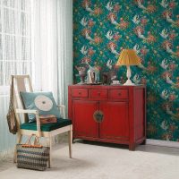 red cabinet asian living room with green wall