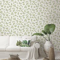 Living room with green leaves wallpaper